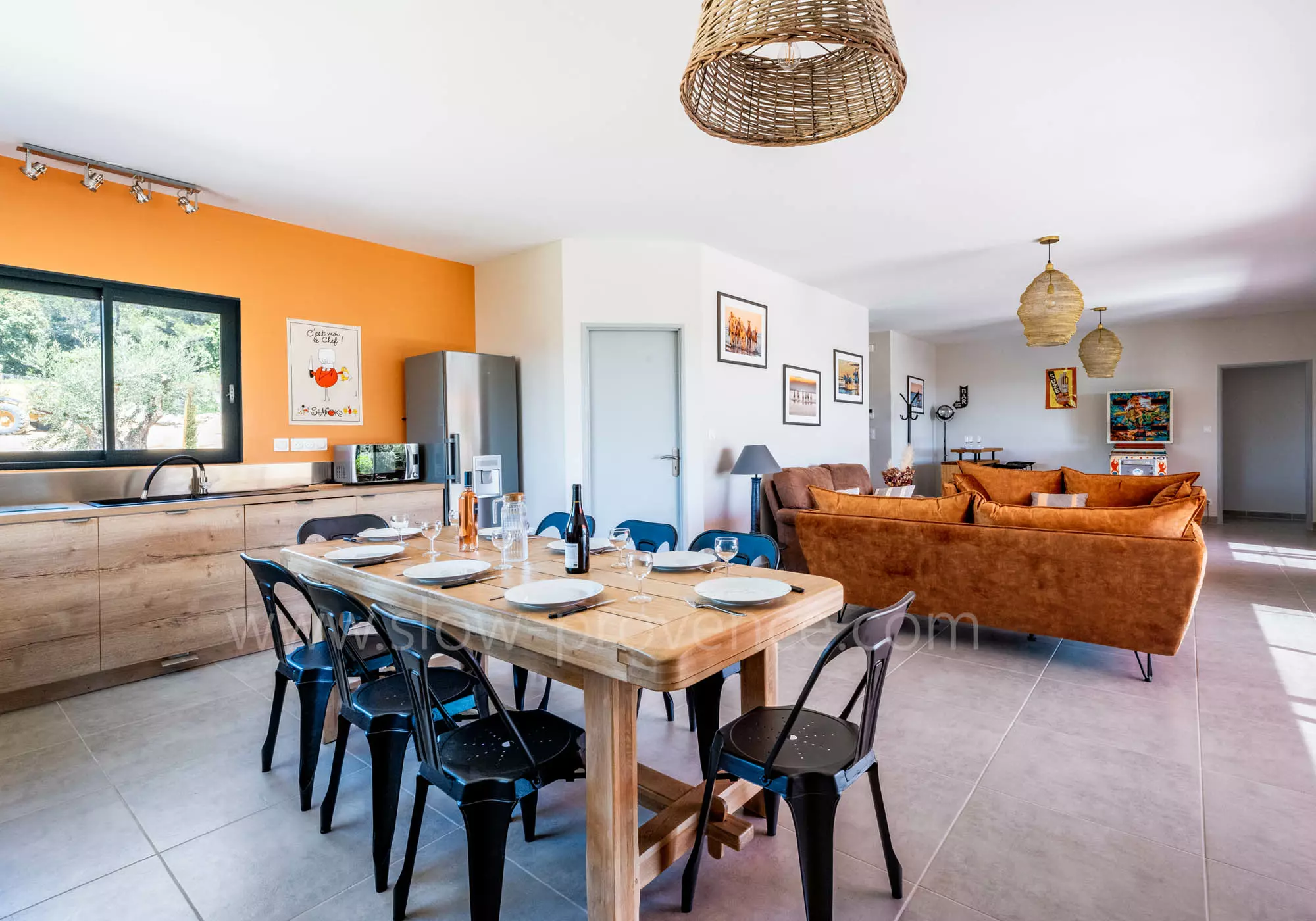 Kitchen and dining area open onto the living room