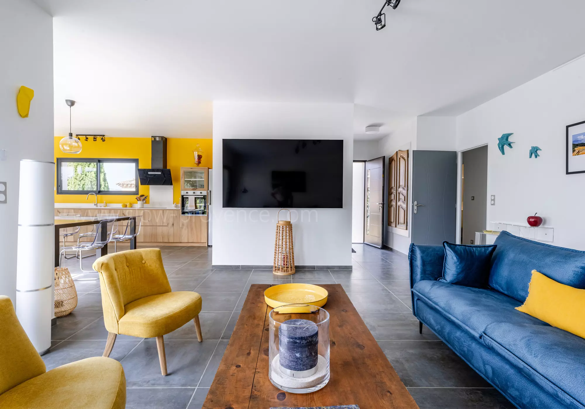 Living room with giant screen TV