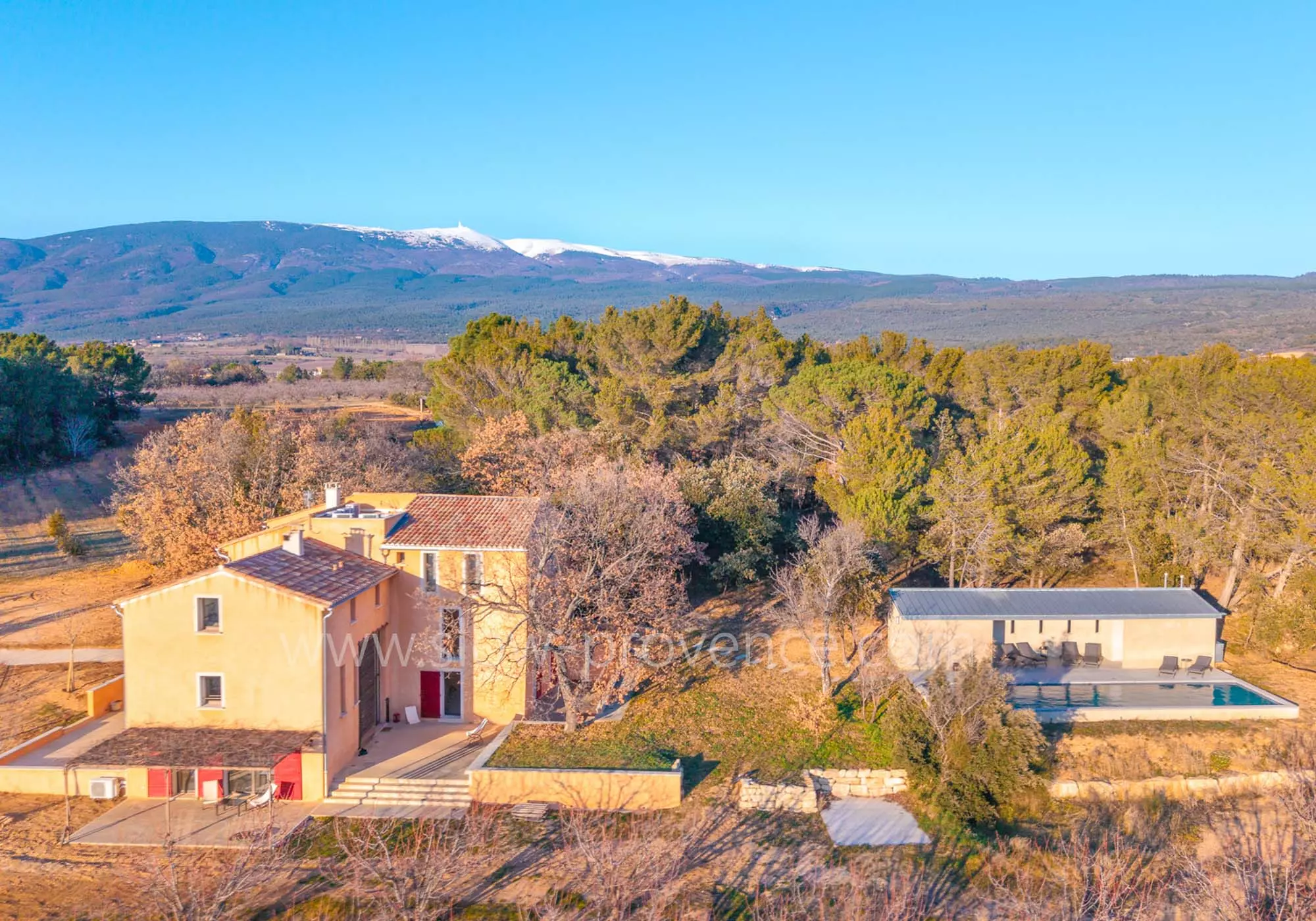 Aerial view of the villa at the foot of Mont Ventoux